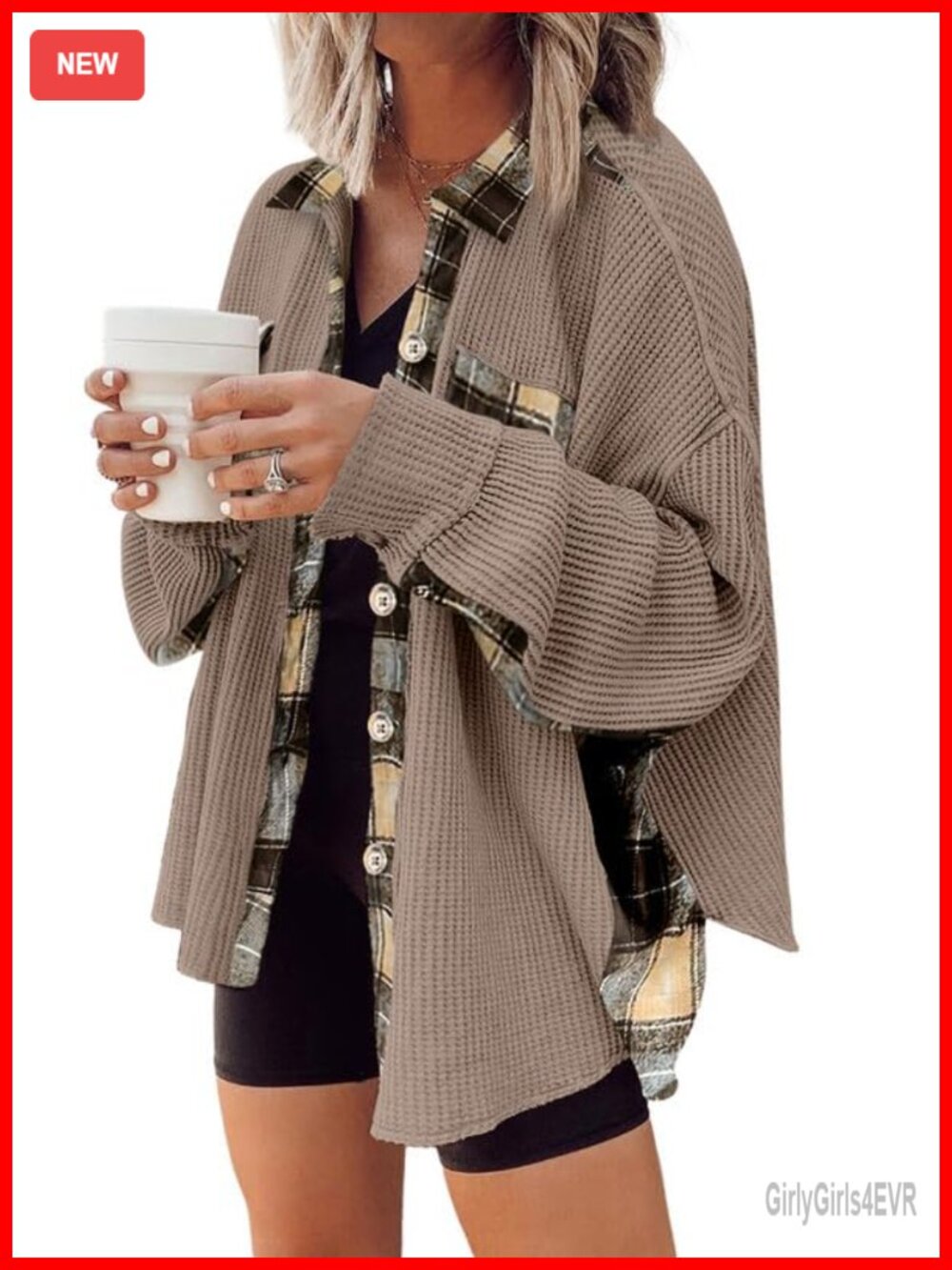 Waffle Knit Plaid Shacket Button Down Flannel Shirt Long Sleeve Loose Fit